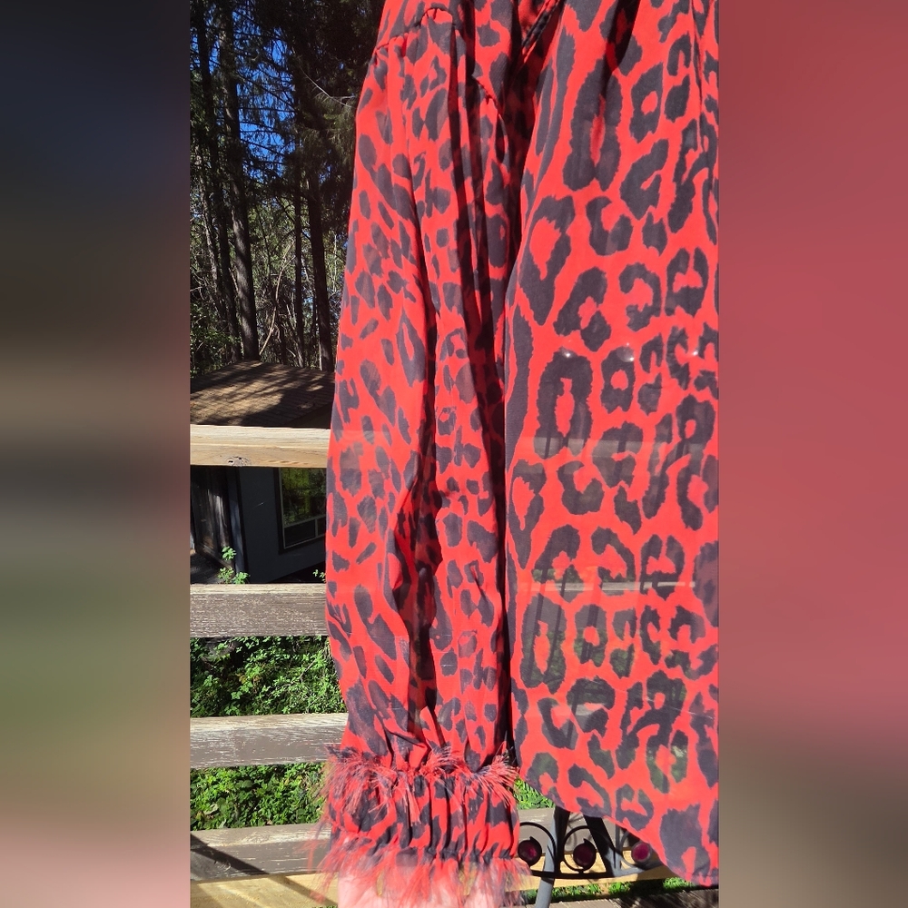 Zara 1975 Jeans Collection Red&Black Leopard Print Sheer Long Sleeve Blouse SzM - Picture 3 of 10
